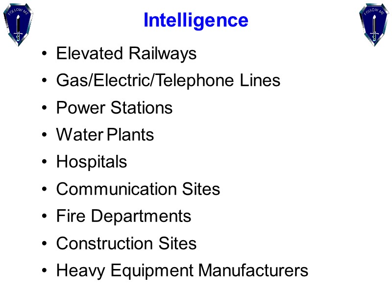 Intelligence Elevated Railways Gas/Electric/Telephone Lines Power Stations Water Plants Hospitals  Communication Sites Fire